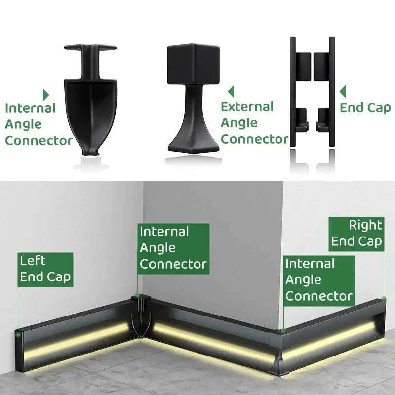 Black aluminum led skirting profile with corner trim, internal and external angle connectors, and end caps for recessed lighting