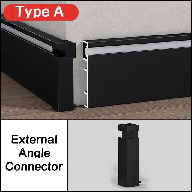 Black external angle connector for decorbites™ led skirting profile recessed aluminum baseboard lighting installation