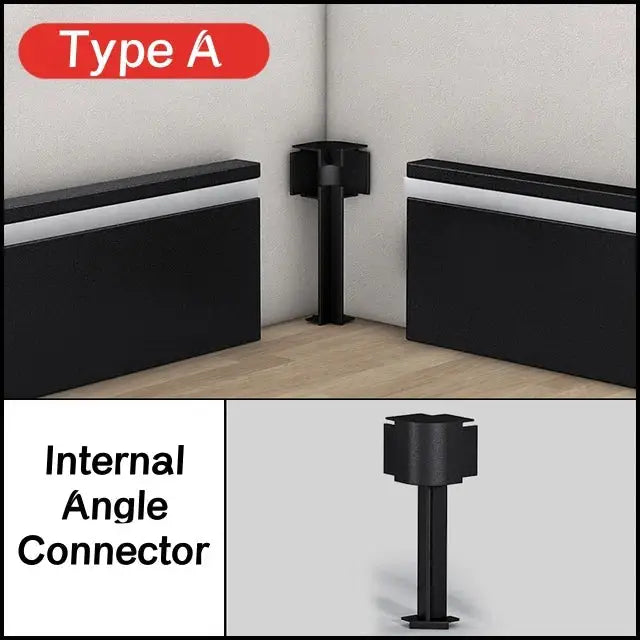 Black metal internal angle connector for corner mounting in decorbites™ led skirting profile aluminum baseboard light strip