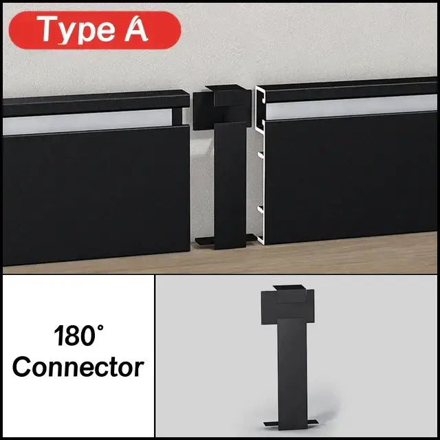 Black type 180° aluminum connector for decorbites™ led skirting profile used in recessed wall paneling installation