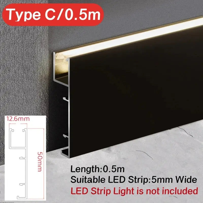 Black aluminum led skirting profile with a sleek modern design for seamless recessed baseboard lighting integration