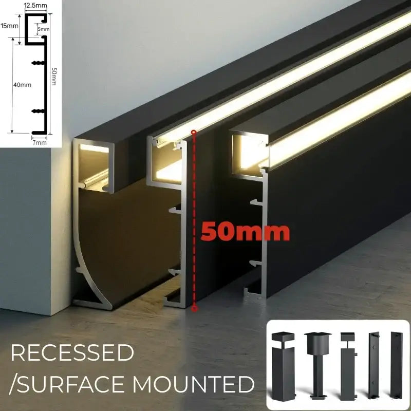 Black aluminum recessed led skirting profile with integrated mounting brackets and surface-mount options by DecorBites