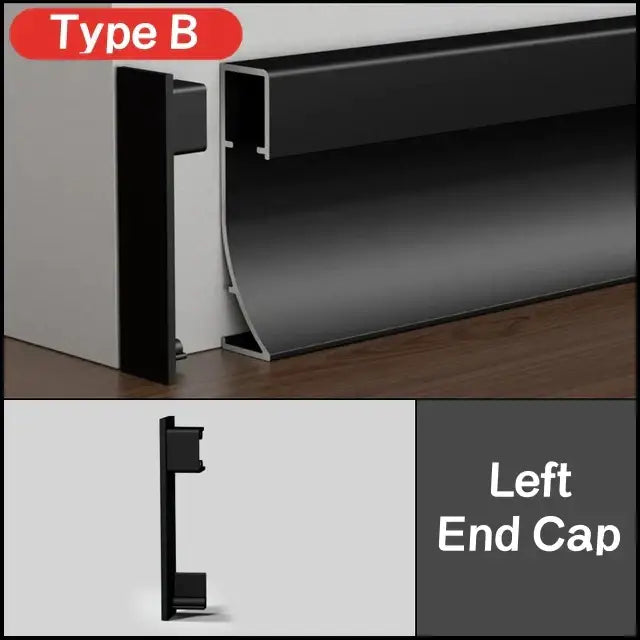 Black aluminum led skirting profile with sleek modern baseboard trim and matching left end cap for hidden corner lighting