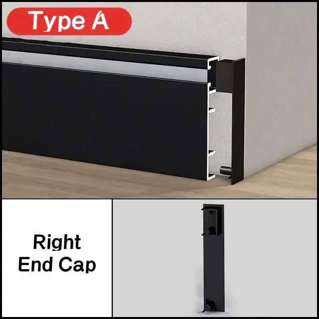 Black DecorBites™ LED skirting profile baseboard trim with sleek modern profile and metallic accent strip in aluminum
