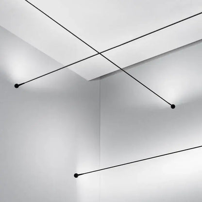 Minimalist black linear led skyline linear wall light fixtures with spherical ends by decorbites mounted on white ceiling