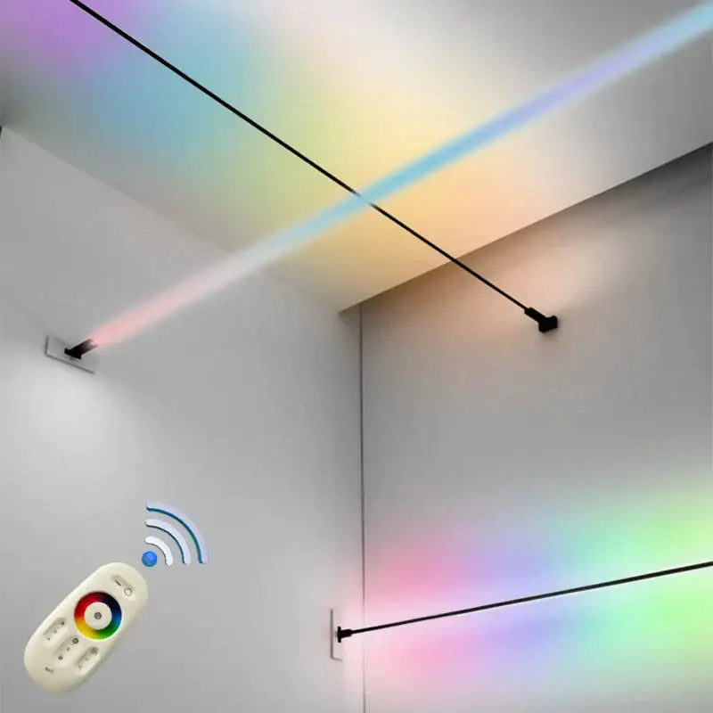A sleek white remote control with colorful dial and buttons for operating decorbites led skyline steel pendant lights