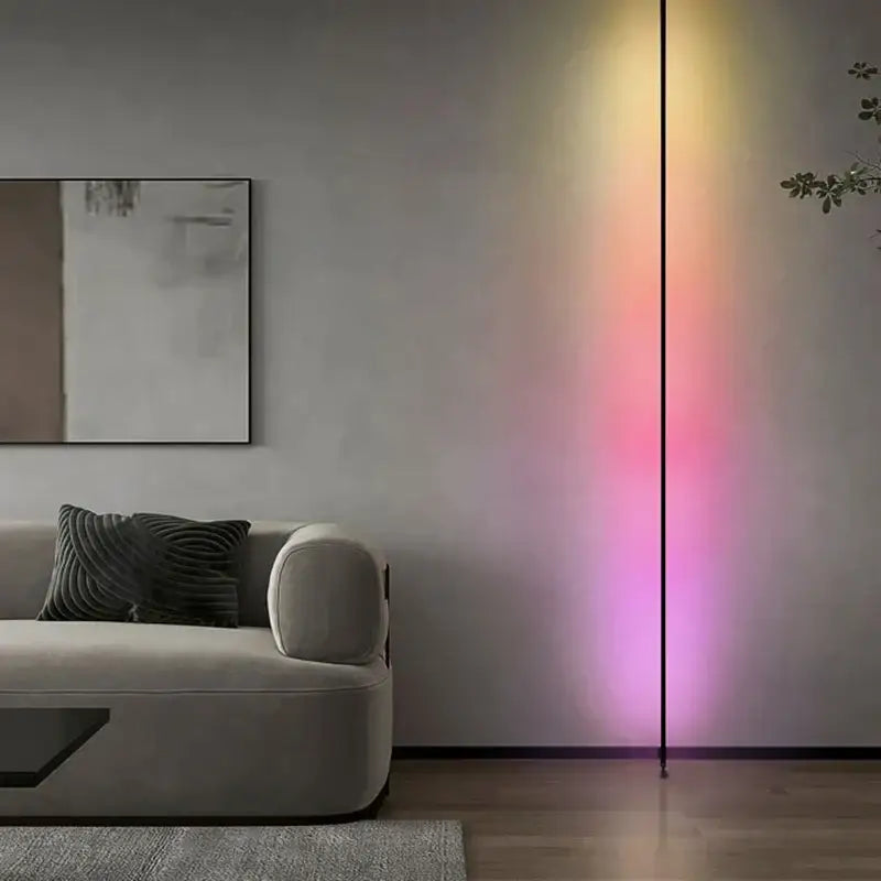 A sleek minimalist decorbites led skyline steel pendant light with slim black frame and vibrant rainbow led lighting
