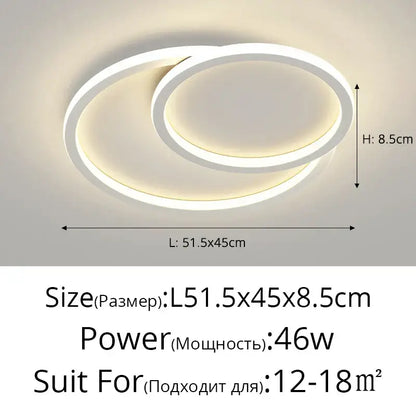 Modern white led smart chandeliers by decorbites featuring two overlapping circular rings with warm glow for living rooms