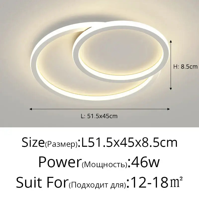 Modern white led smart chandeliers by decorbites featuring two overlapping circular rings with warm glow for living rooms