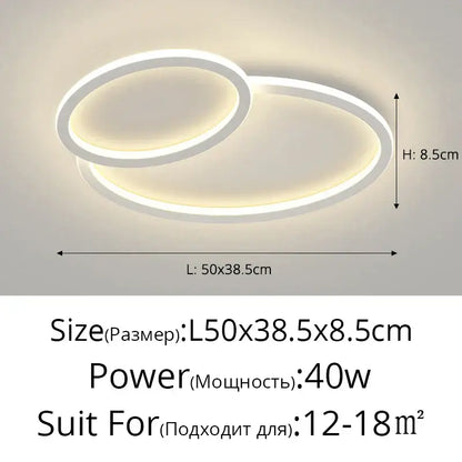 Modern white led smart chandeliers by DecorBites featuring two overlapping oval rings with warm glow lighting