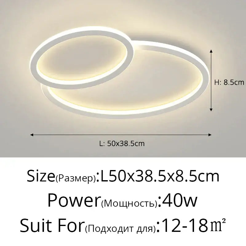 Modern white led smart chandeliers by DecorBites featuring two overlapping oval rings with warm glow lighting