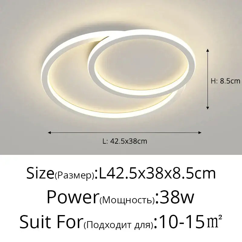 Modern white decorbites led smart ceiling light with two overlapping circular rings emitting a warm glow for living spaces