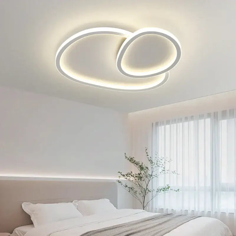 Modern white DecorBites LED smart chandeliers with two interlocking circular rings for bedroom dining living room lighting