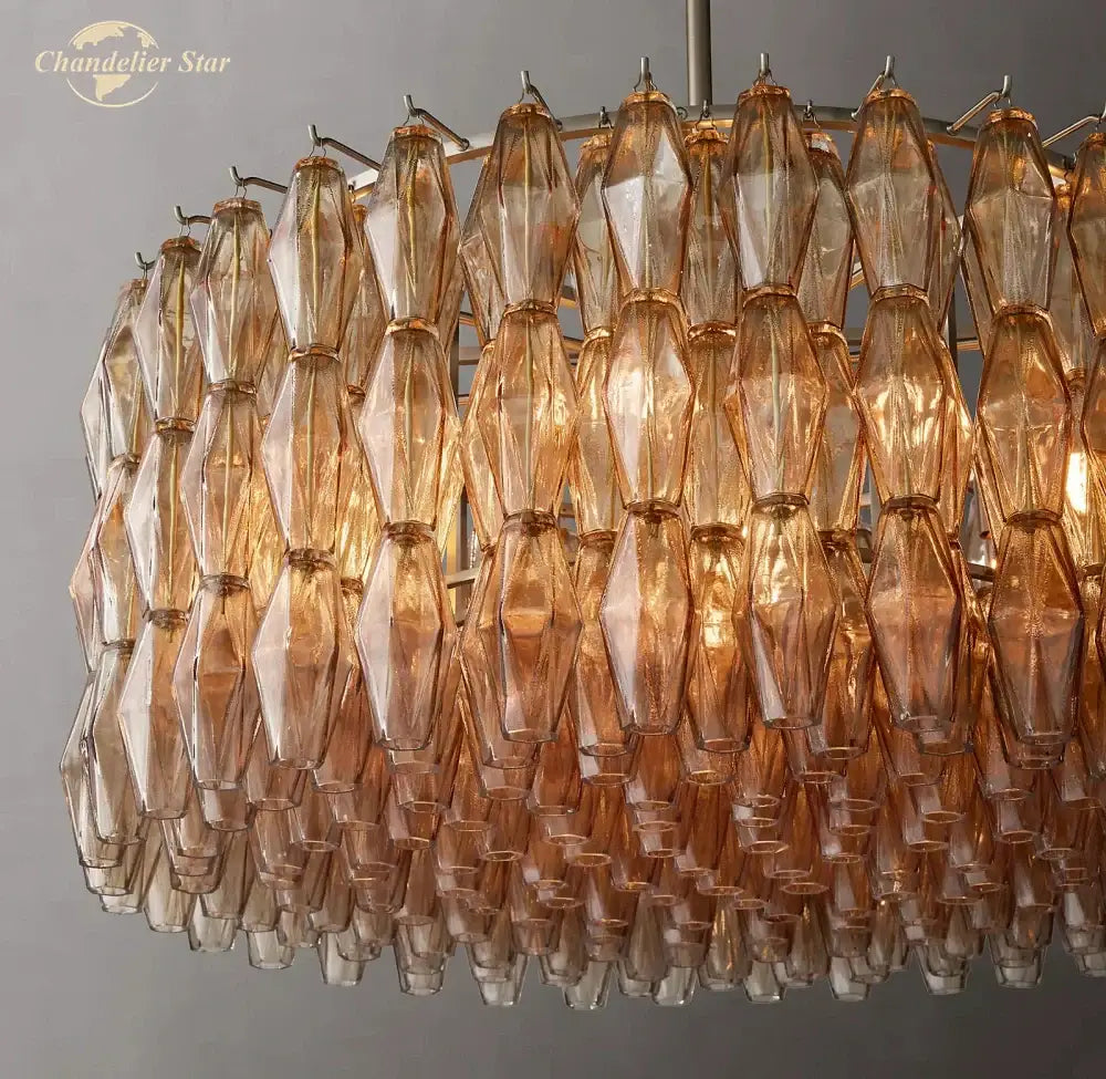 DecorBites™ led smoke glass chandelier pendant light with cascading amber-tinted prisms and metallic frame for living room decor