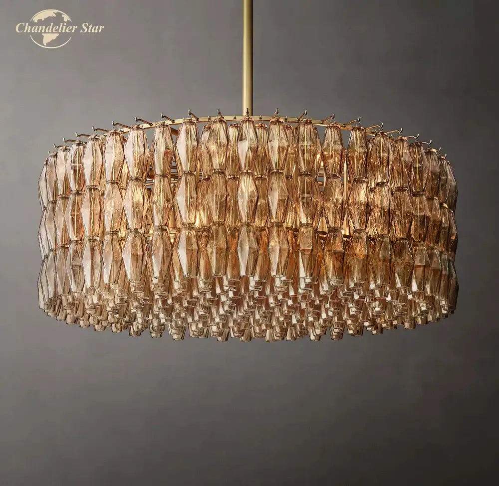 DecorBites led smoke glass chandelier pendant light with amber faceted crystals and brass rod for living room decor