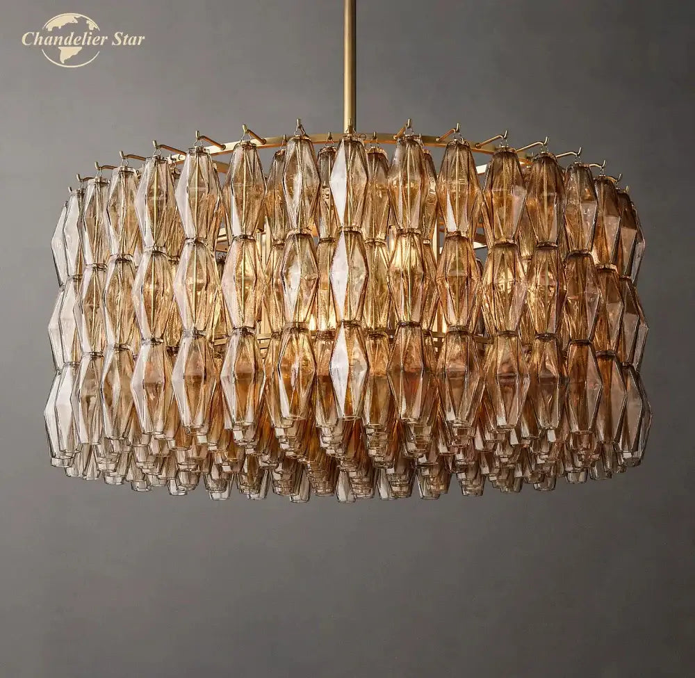 DecorBites led smoke glass chandelier pendant light with cascading amber and clear crystals on brass rod for living room decor