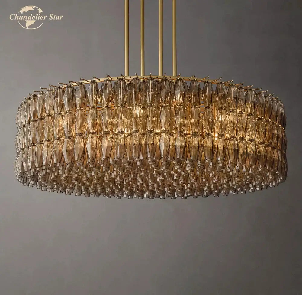 Gold-toned decorbites led smoke glass chandelier with cascading amber crystal tiers for living room decor