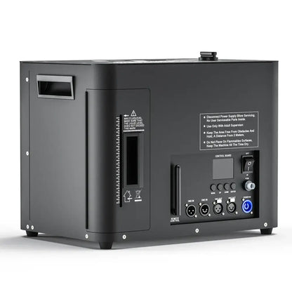 Black industrial-grade DecorBites™ led smoke spray flower machine generator with control panel and safety labels for stage events
