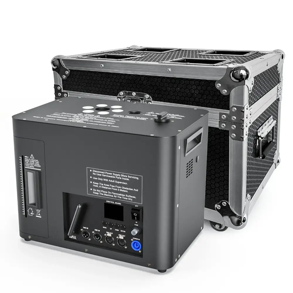 Black matte decorbites led smoke spray flower machine with control panel and ports in rugged aluminum flight case for events