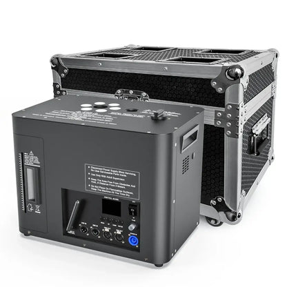 Black matte decorbites led smoke spray flower machine with control panel and ports in rugged aluminum flight case for events