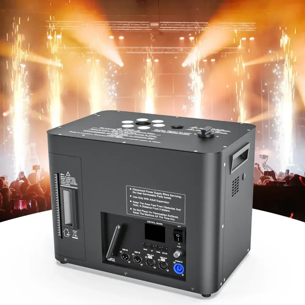 Black rectangular decorbites led smoke spray flower machine with multiple input ports and control buttons for stage events