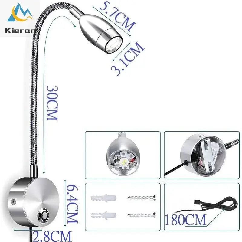 Silver metallic decorbites led snake wall lamp with adjustable head and flexible arm for bedroom reading light