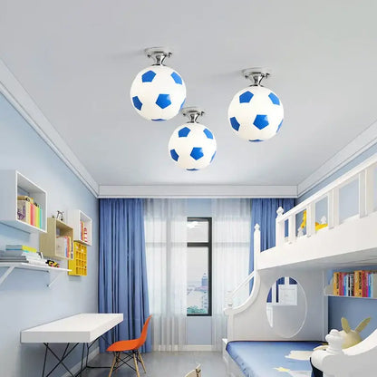 Three spherical decorbites led soccer ball ceiling lights with white and blue panels for boys room indoor lighting fixture