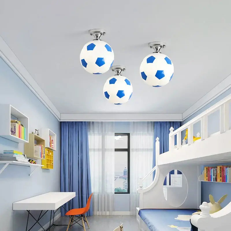 Three spherical decorbites led soccer ball ceiling lights with white and blue panels for boys room indoor lighting fixture