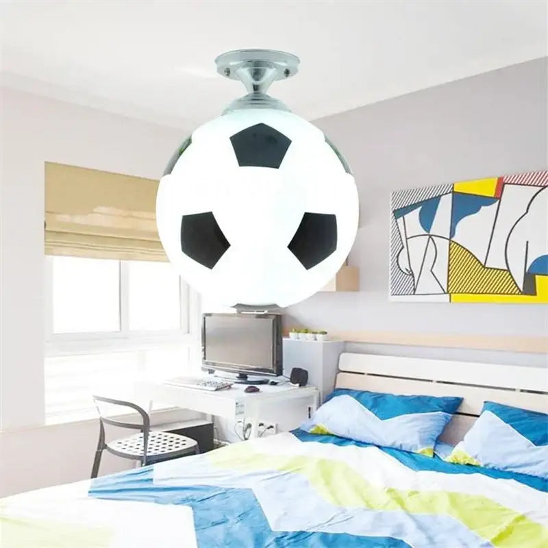 Decorbites led soccer ball ceiling light fixture shaped like a white and black soccer ball with metallic silver base for boys room