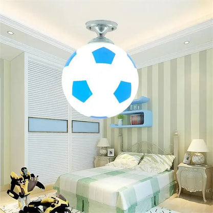 Decorbites led soccer ball ceiling light fixture in white and blue with metallic silver base for boys room lighting