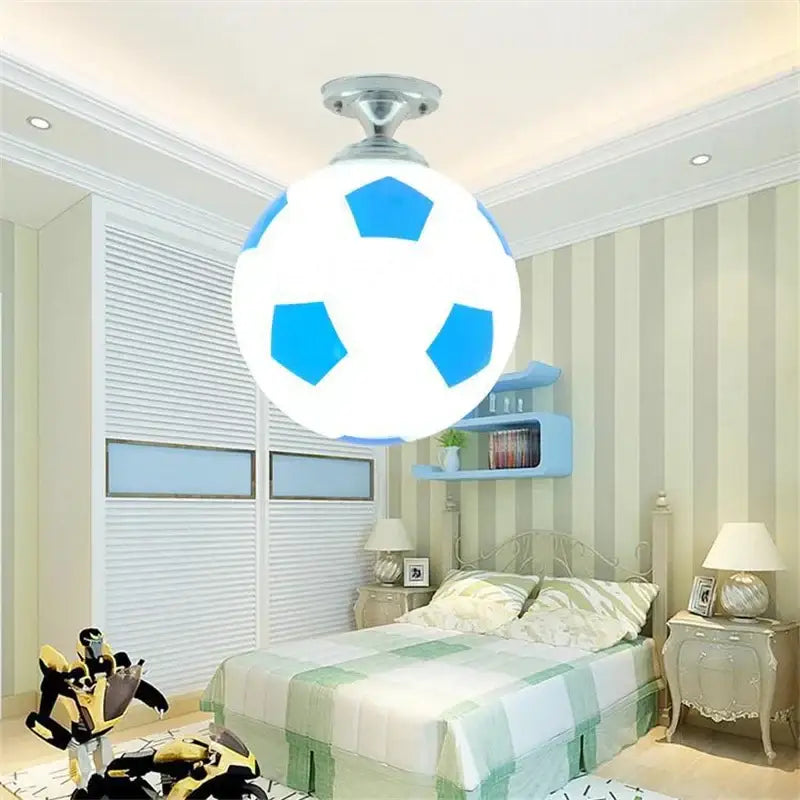 Decorbites led soccer ball ceiling light fixture in white and blue with metallic silver base for boys room lighting