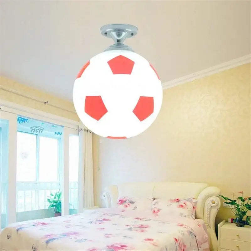 Decorbites led soccer ball ceiling light fixture in white and red with metallic base for boys room indoor lighting
