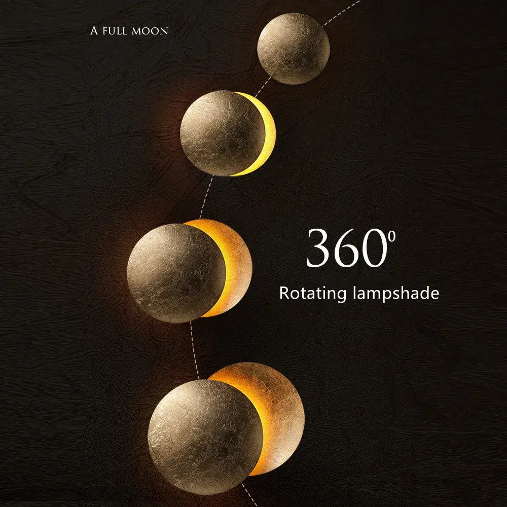 DecorBites led solar eclipse wall lamp with full moon rotating metallic shade and warm amber crescent light