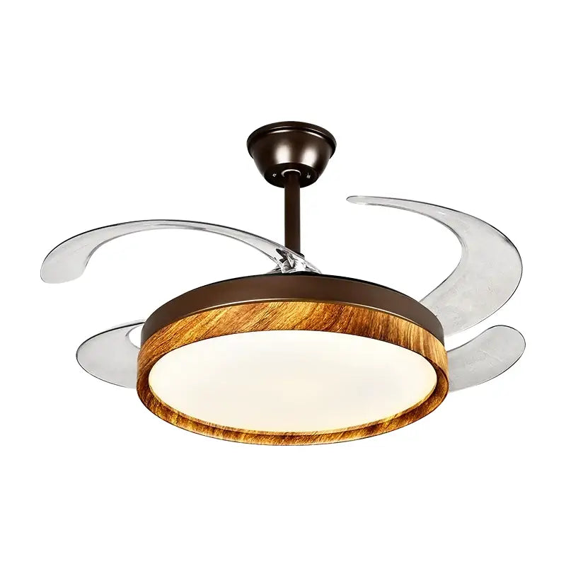 Modern DecorBites™ ceiling fan light with warm wood-grain ring and translucent curved blades with remote control