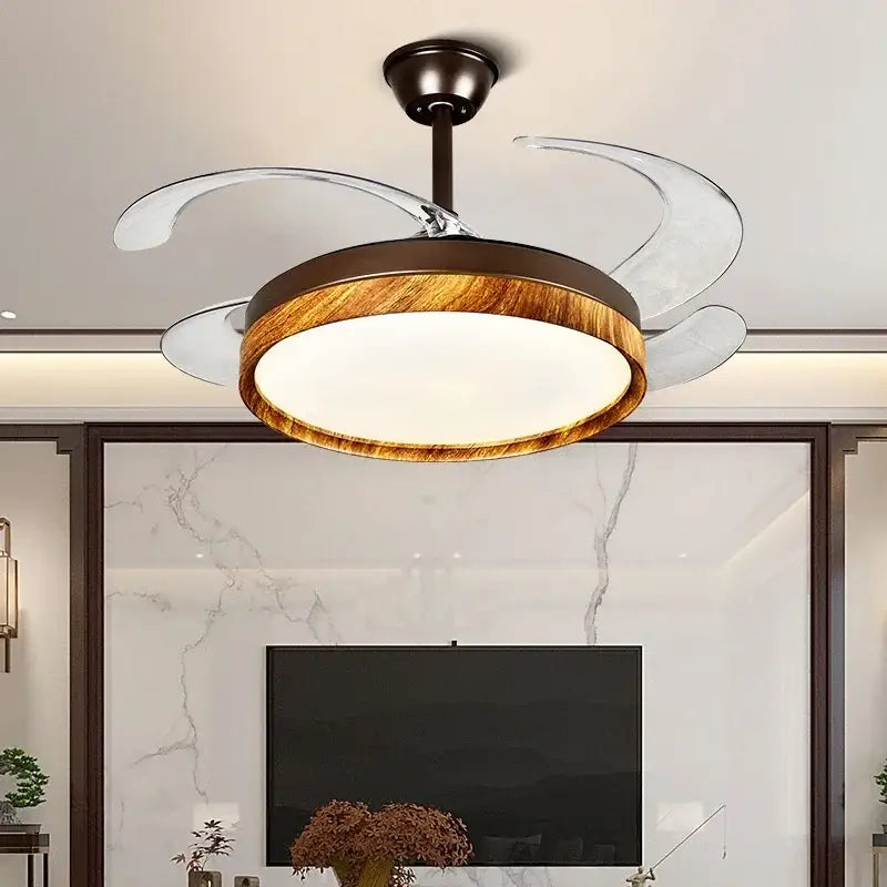 DecorBites™ ceiling fan light with warm wood-grain finish base and transparent curved blades with remote control