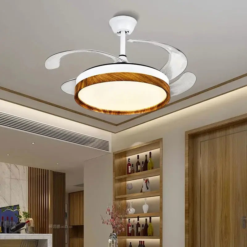 Decorbites™ led solid wood round ceiling fan light with remote control features white hub, silver blades, and warm wood ring fan light