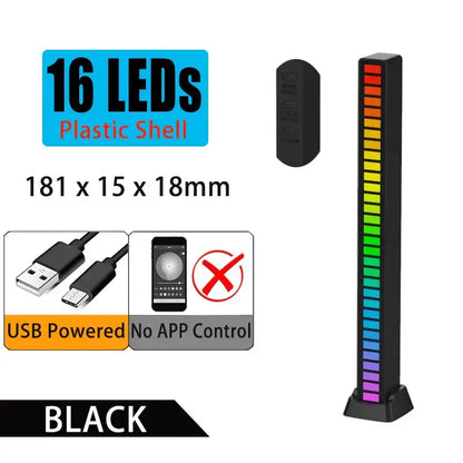 Black plastic vertical DecorBites™ LED sound control light bar with 16 colorful illuminated segments for decoration