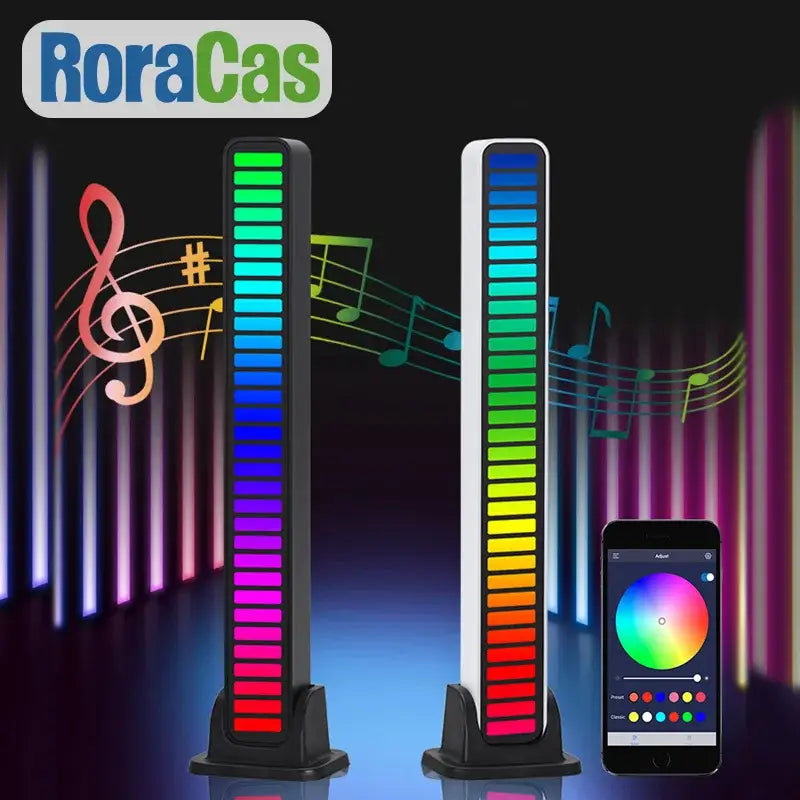 Two sleek decorbites led sound light bars with vibrant rainbow led sound control strips and black bases for decoration