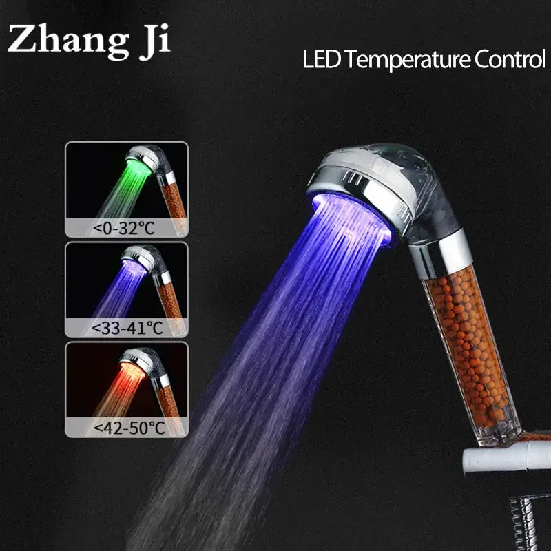 Zhang ji led spa shower head with chrome finish transparent body orange beads and purple light temperature sensor