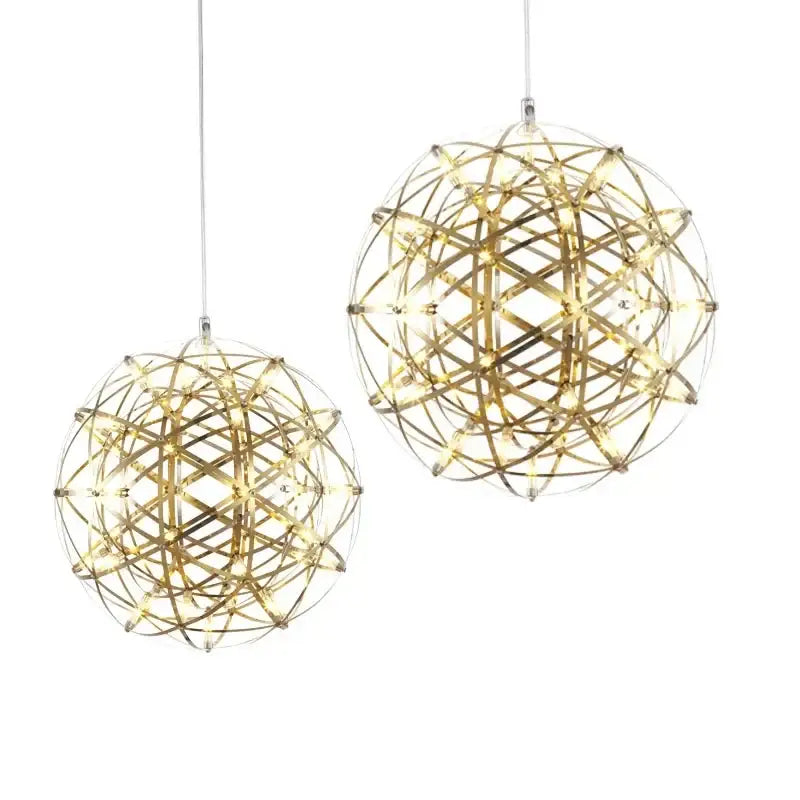 Golden spherical pendant light with intricate wireframe design and embedded led bulbs from decorbites led spark ball series