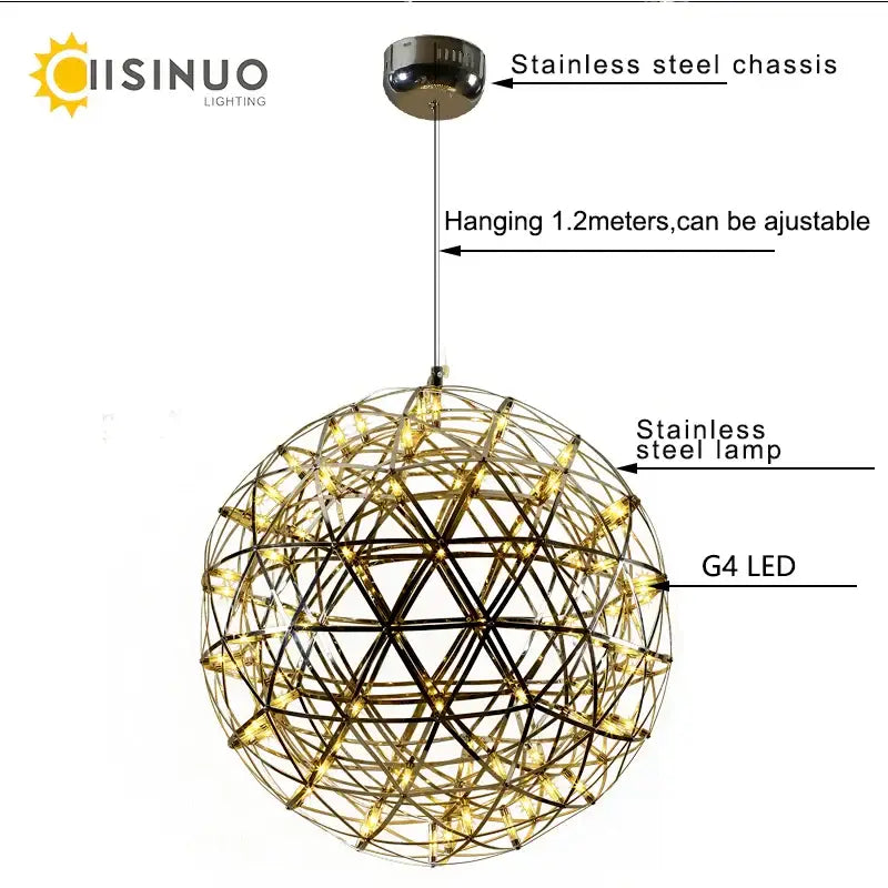 Stainless steel decorbites led spark pendant light with geometric wireframe and embedded g4 led bulbs in silver finish
