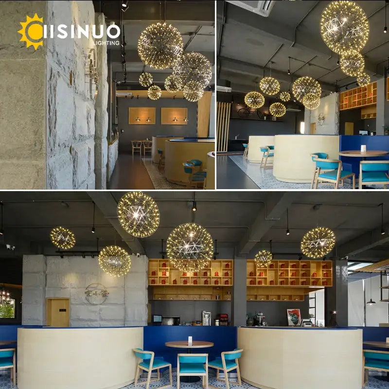 Golden spherical DecorBites LED Spark ball pendant light with intricate wireframe design in stainless steel finish