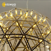 Golden geometric stainless steel pendant light with illuminated led bulbs from DecorBites led spark ball chandelier