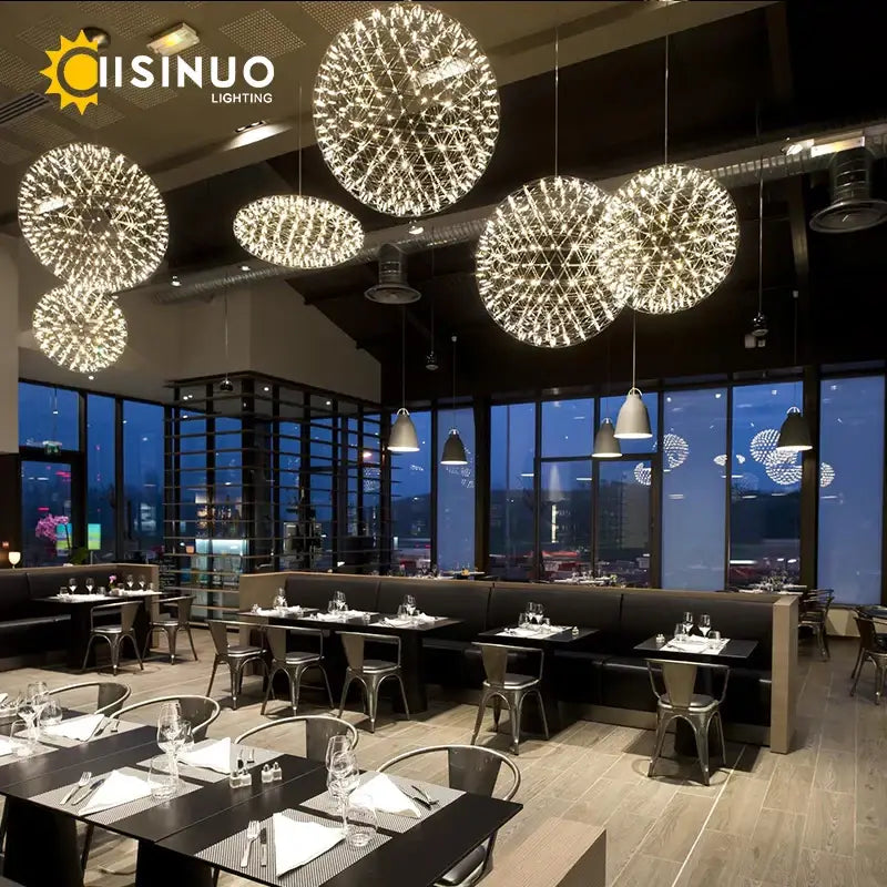 Modern luxury decorbites led spark ball pendant light with spherical glowing wireframe chandeliers in stainless steel