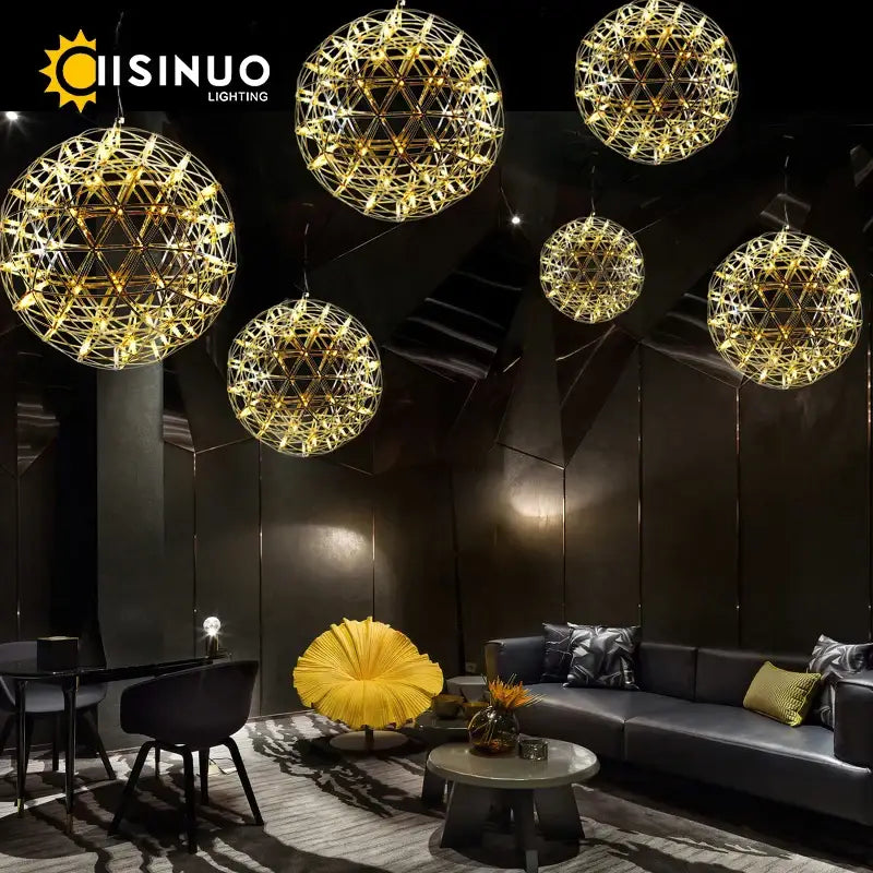 Golden spherical decorbites led spark ball pendant light with intricate geometric stainless steel wireframe design