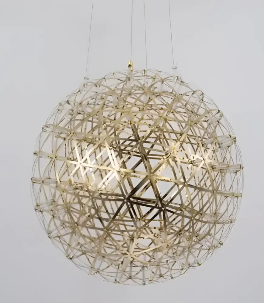 Golden spherical decorbites led spark pendant light with intricate geometric lattice design in modern stainless steel chandelier