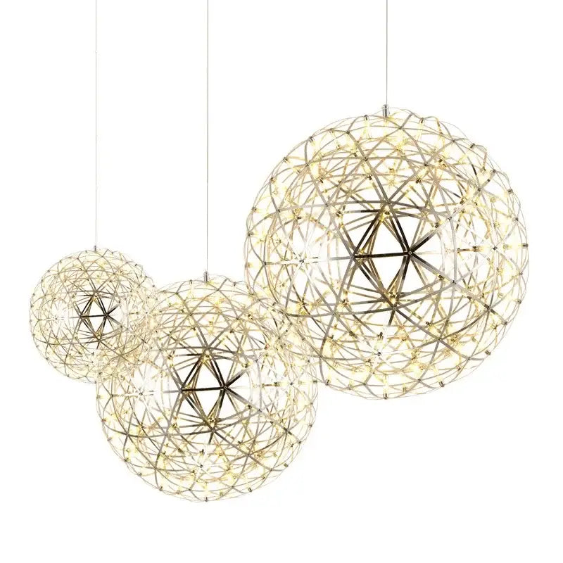 Modern spherical pendant light with intricate stainless steel wireframe and warm led illumination by DecorBites LED Spark Ball
