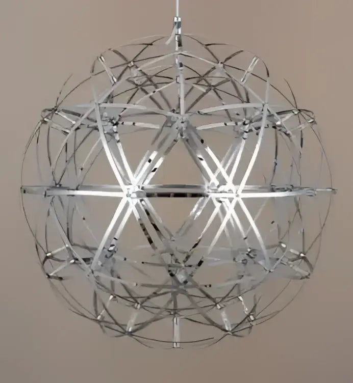 Chrome-finished decorbites led spark ball pendant light with intricate geometric wireframe stainless steel chandelier
