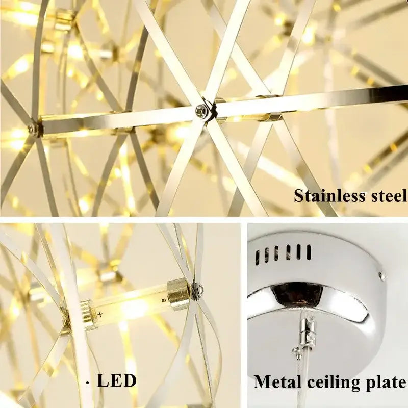 Modern stainless steel decorbites led spark pendant light with geometric frame and warm led spark ball lighting