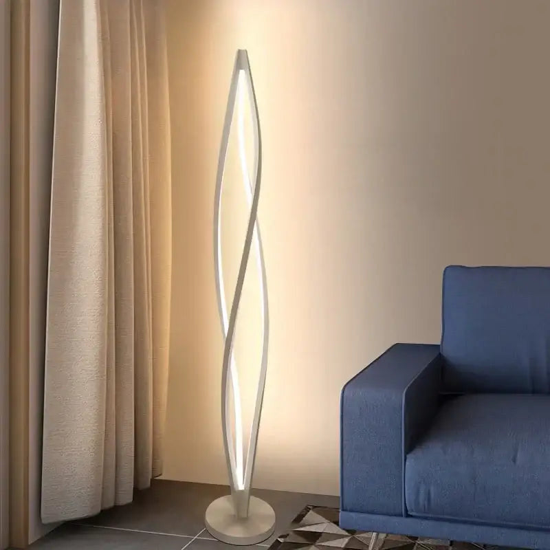 Modern white twisted floor lamp with led spiral aluminum design from decorbites for home office and dining areas